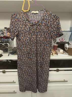 Floral Lace-Up Neck Navy and Orange Women's Dress